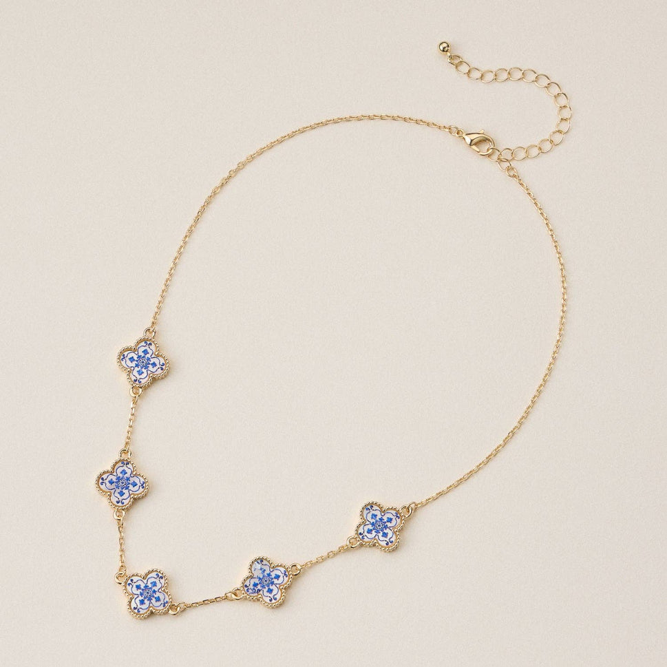 Blue Floral Clover Enamel Necklace – Gold Tone: One / M-5SN11124
