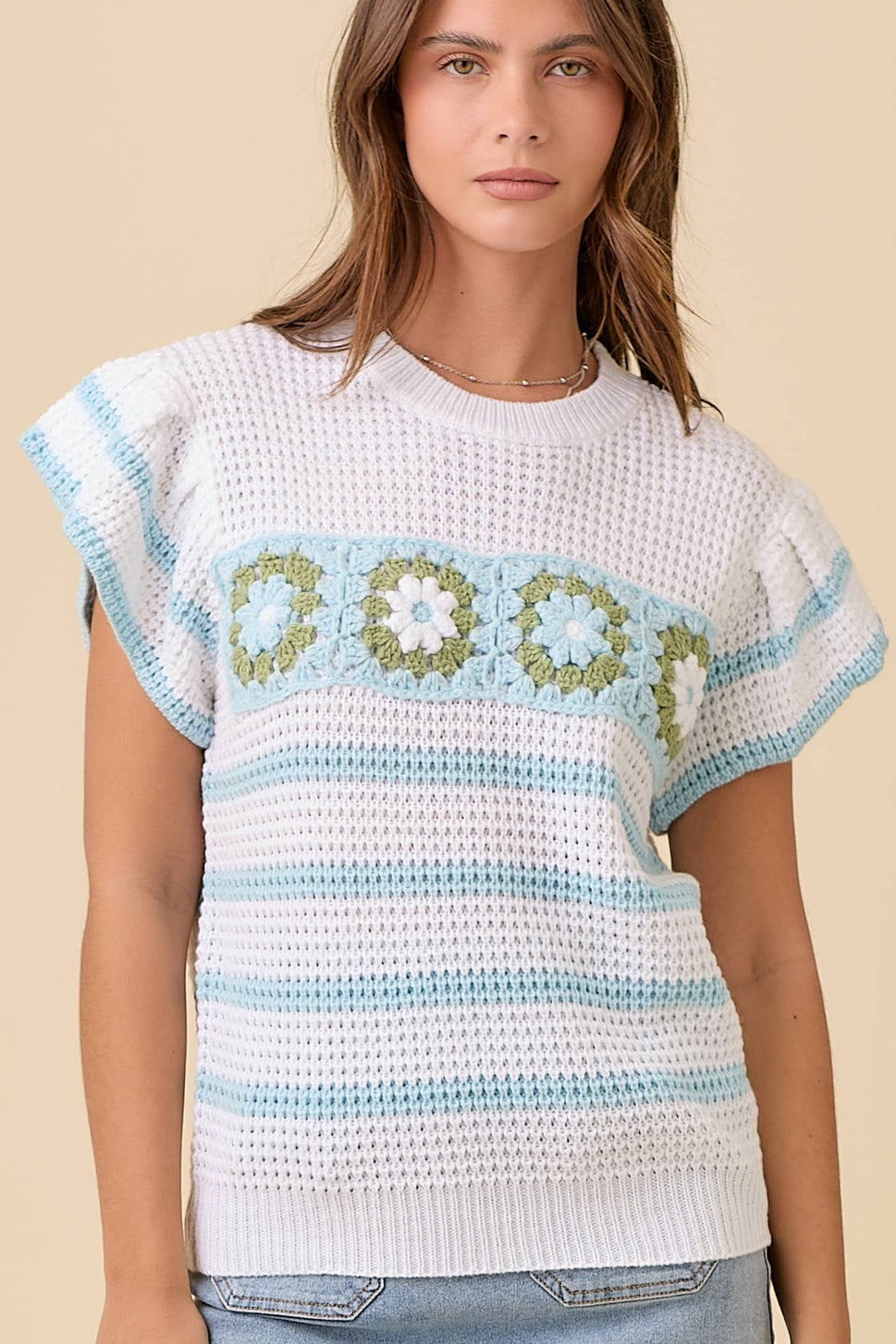 Crochet Flower Stripe Short Sleeve Knit Top Ready to Ship