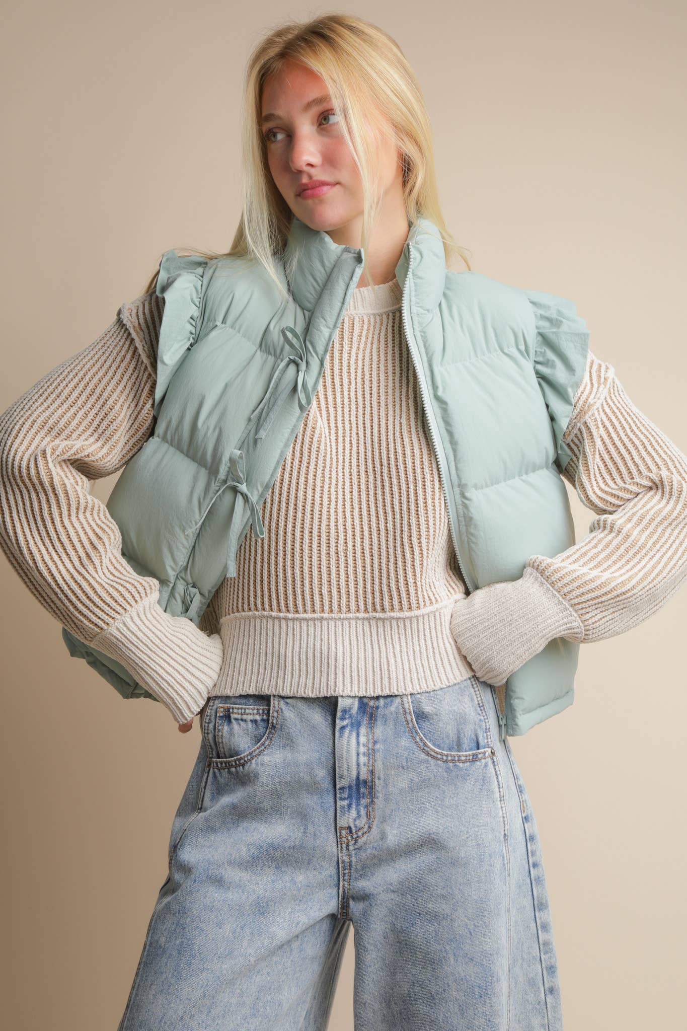 FRONT ROW RUFFLE SLEEVE PUFFER VEST