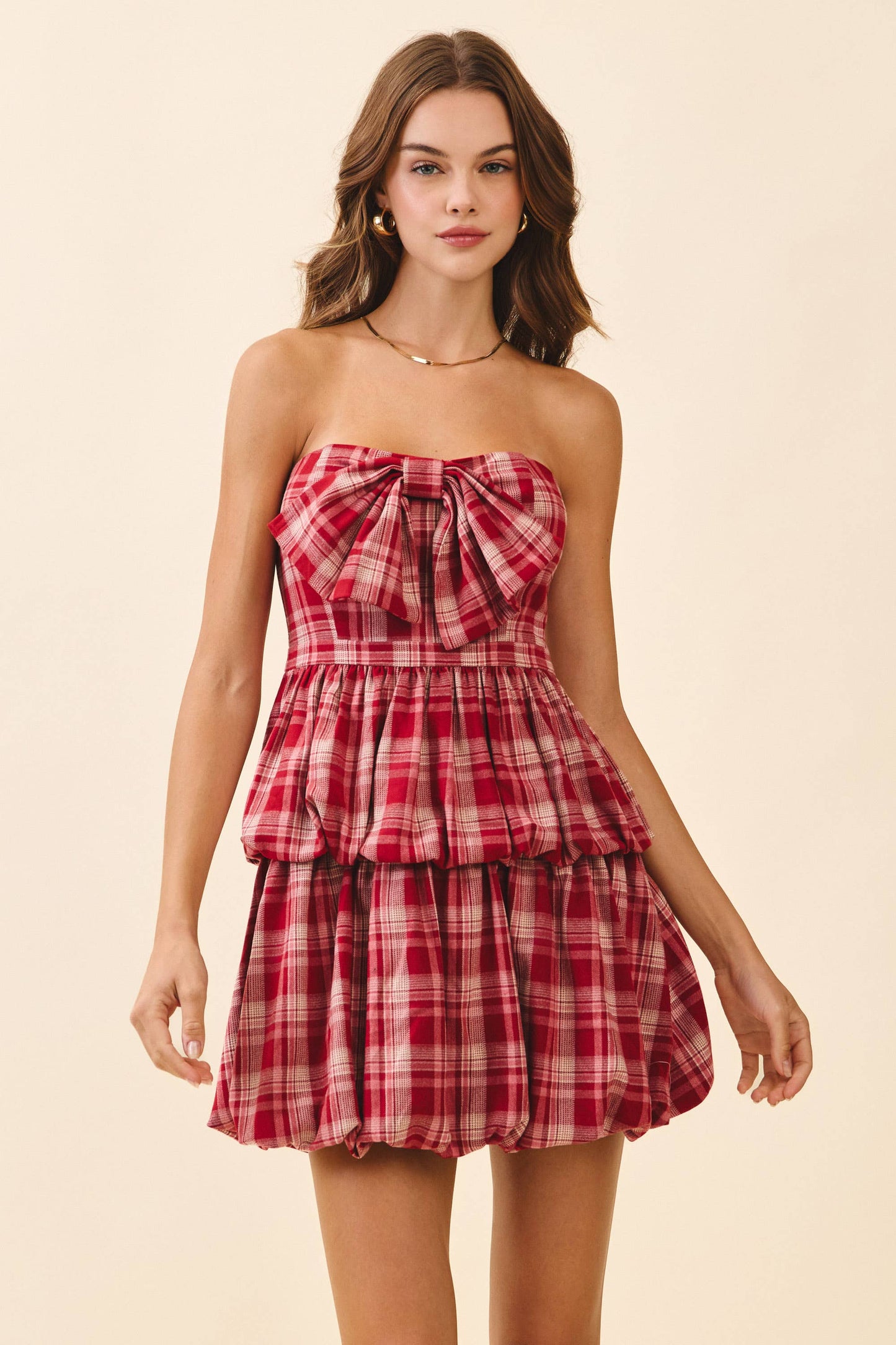 PLAID STATEMENT FRONT BOW DETAIL STRAPLESS DRESS