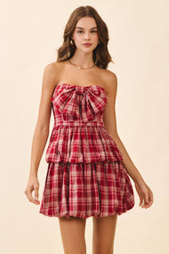 PLAID STATEMENT FRONT BOW DETAIL STRAPLESS DRESS