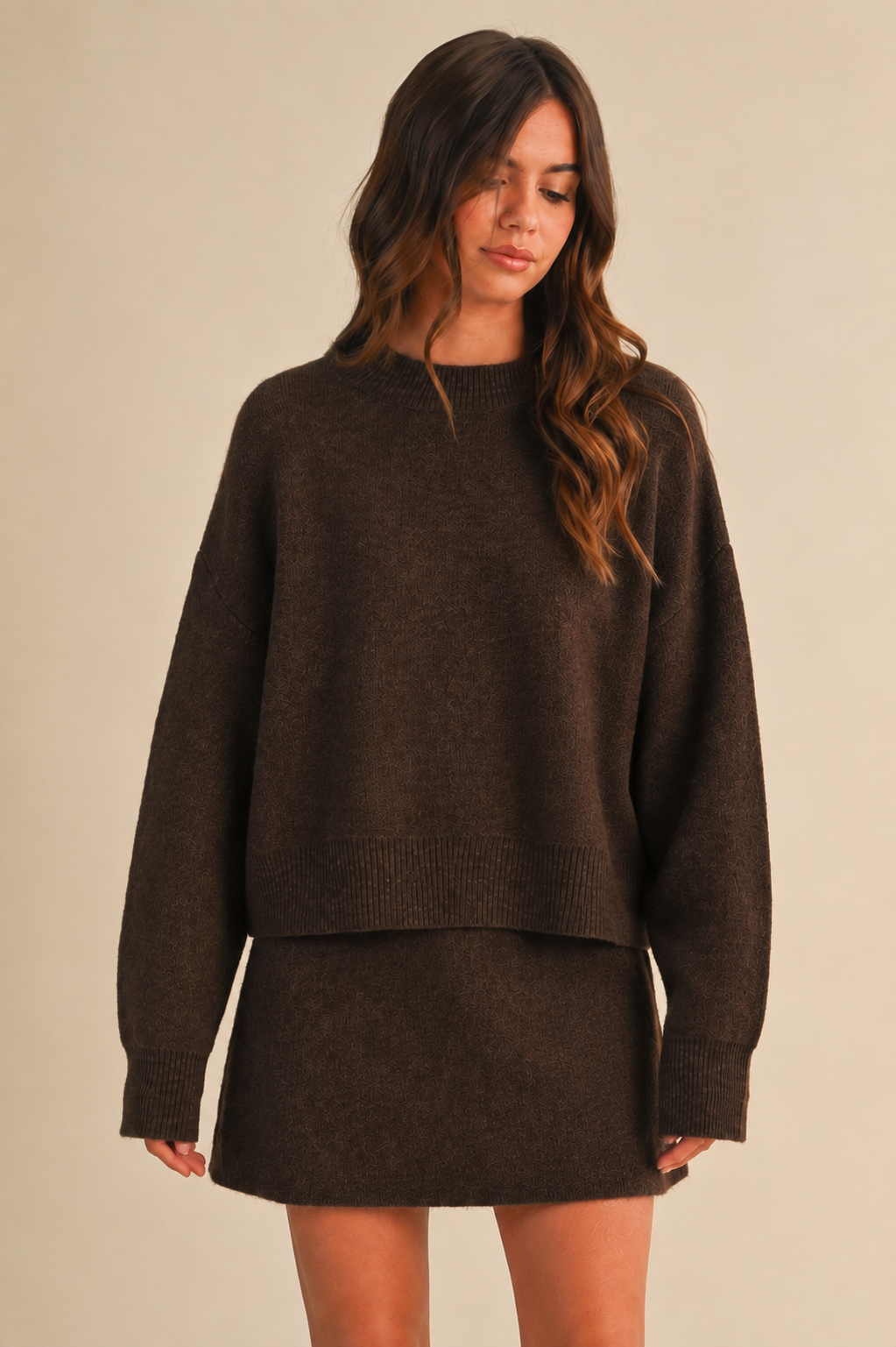 Long Sleeve Sweater Top and Flared Mini Skirt Set
