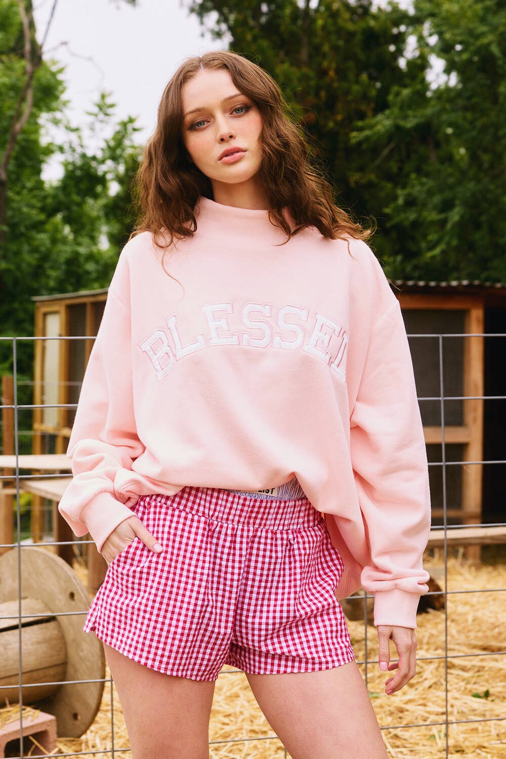 Blessed Embroidered Mockneck Sweatshirt : BABY PINK