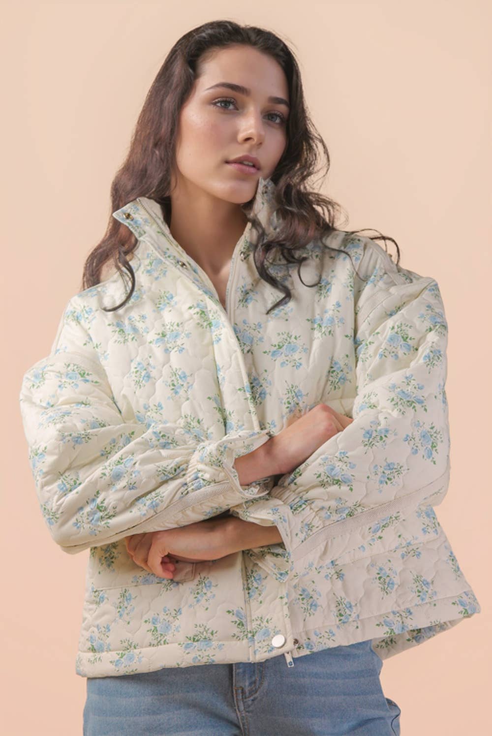 Floral Print Quilted Oversized Casual Jacket