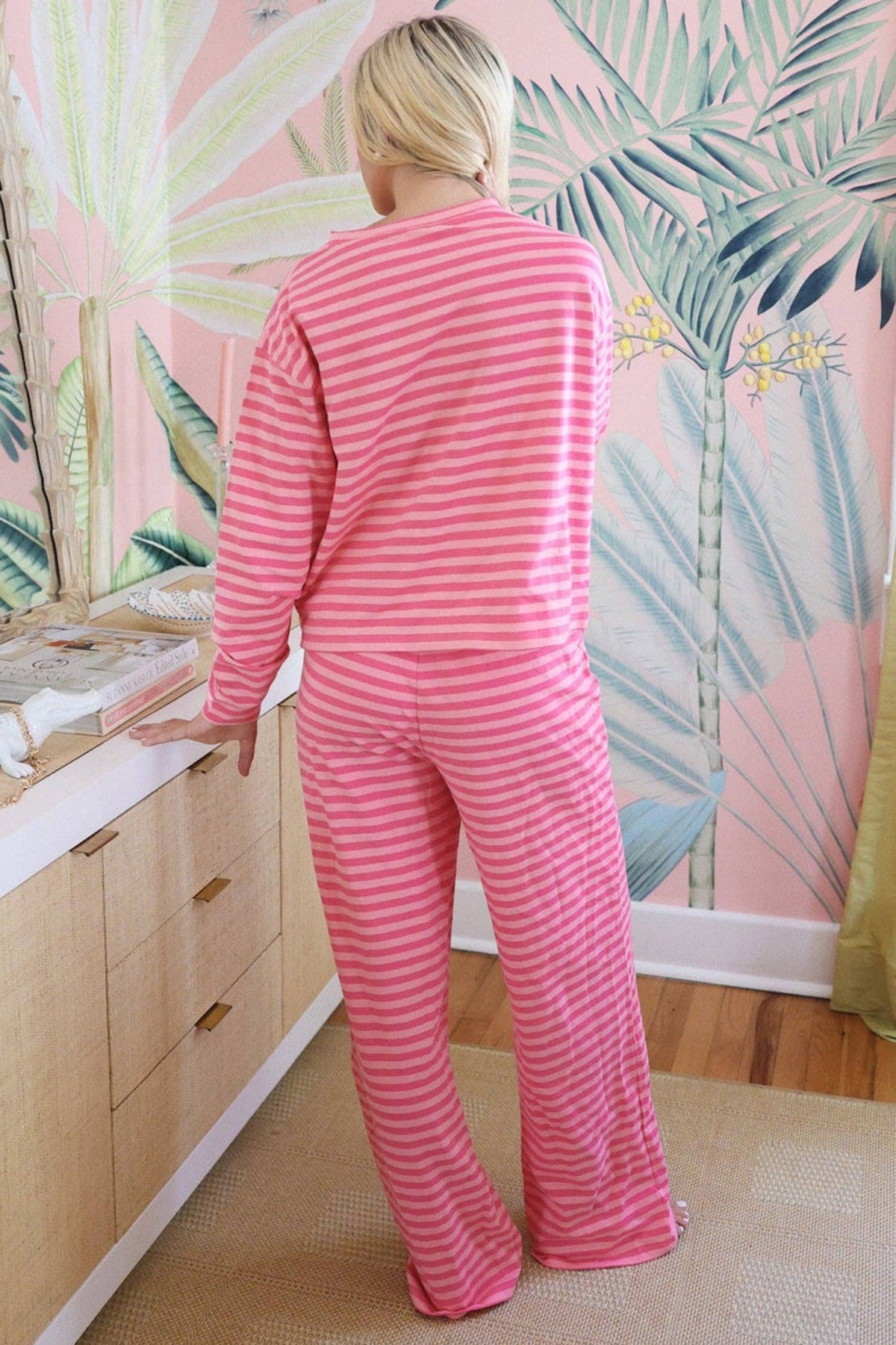 Drop Shoulder Round Neck Top and Buttoned Straight Pants Two Piece Set