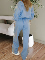 Floral Patchwork Drop Shoulder Pullover and Sweatpants Lounge: L