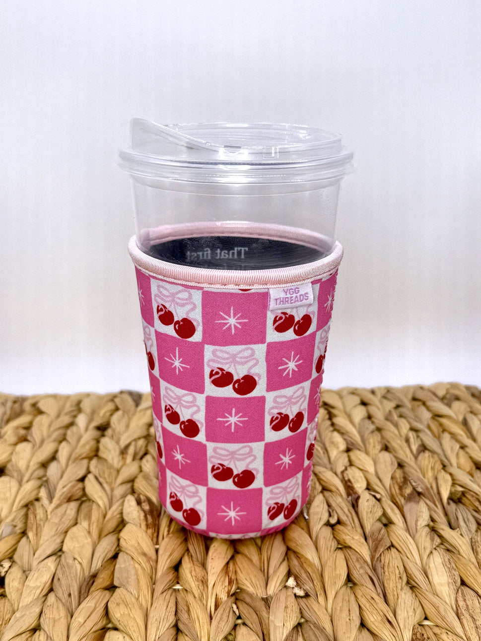 Cherry Bow Coquette Girl Iced Drink Sleeve - Medium: Light Pink