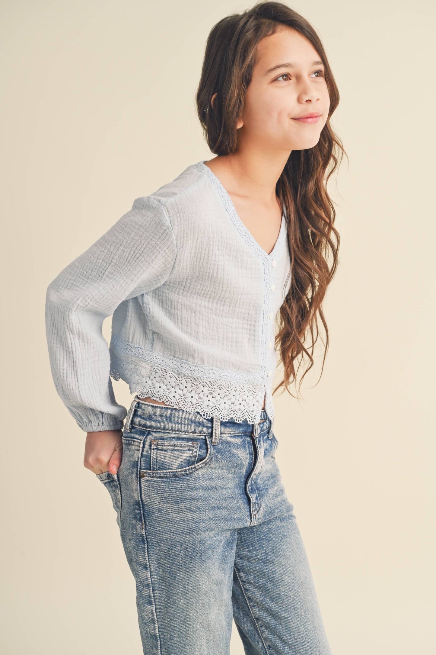 TWEEN KIDS GIRLS LONG SLEEVE BUTTON DOWN CROPPED TOP