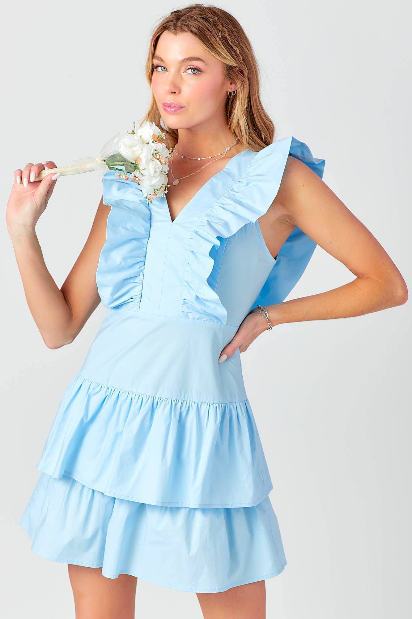 *Ruffled V Neck Dress: Sky Blue