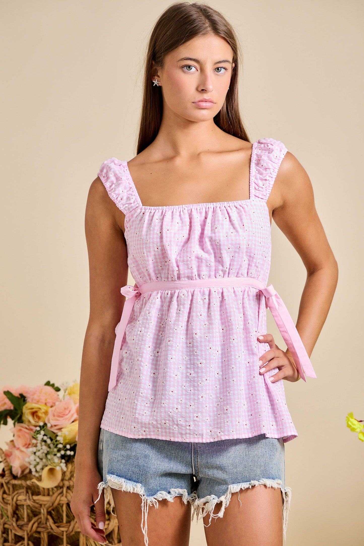 Smocked Ruffle Strap Peplum Top - Gingham Daisy