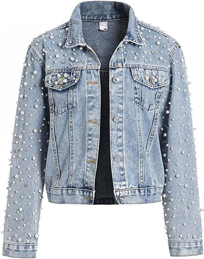 WOMEN CASUAL DENIM JACKET WITH PEARL RHINESTONE ACCENTS