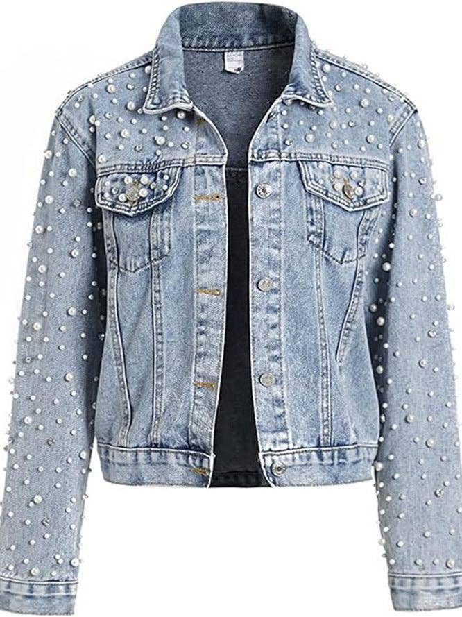 WOMEN CASUAL DENIM JACKET WITH PEARL RHINESTONE ACCENTS