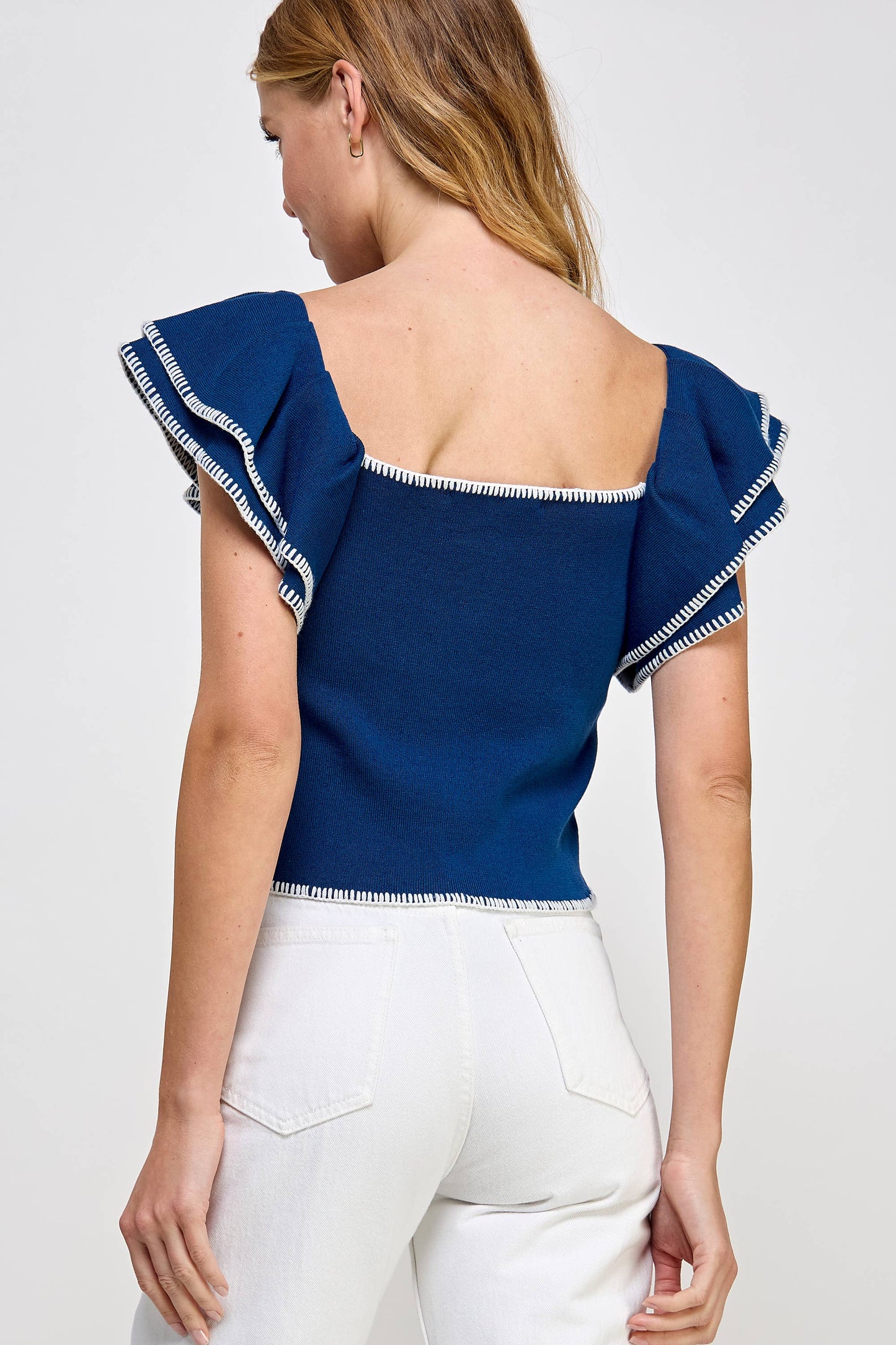 Embroidered Double Ruffled Short Sleeve Knit Top