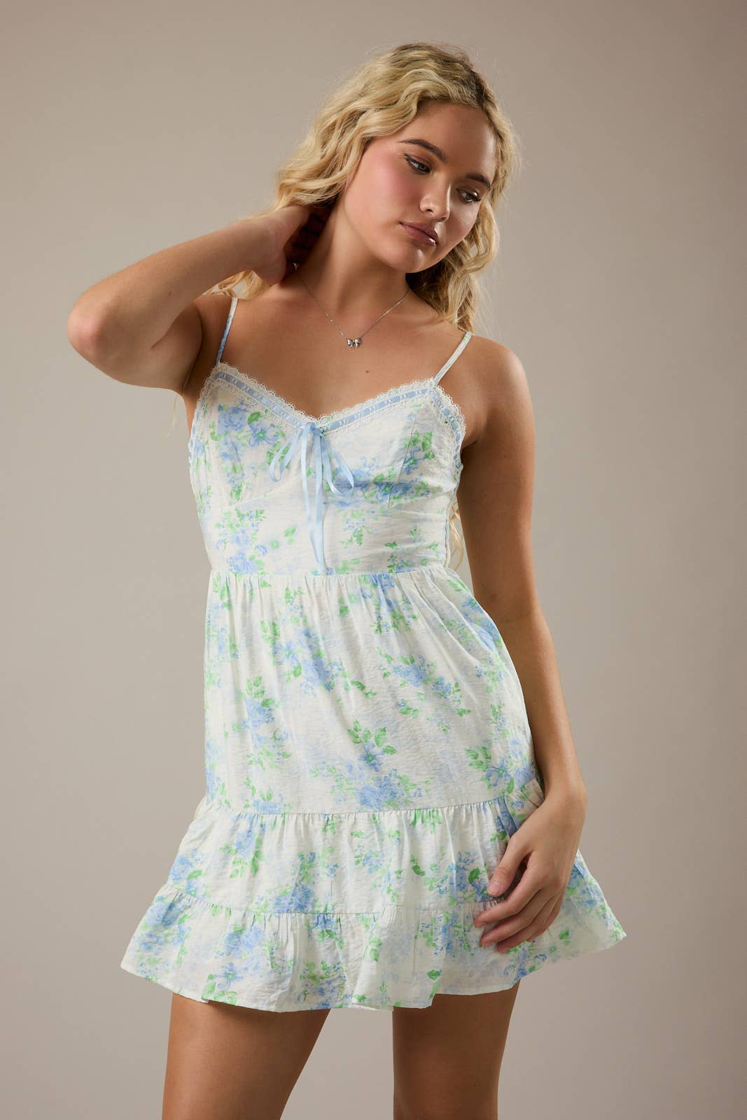 *Blue Floral Smocking Bodice Dress