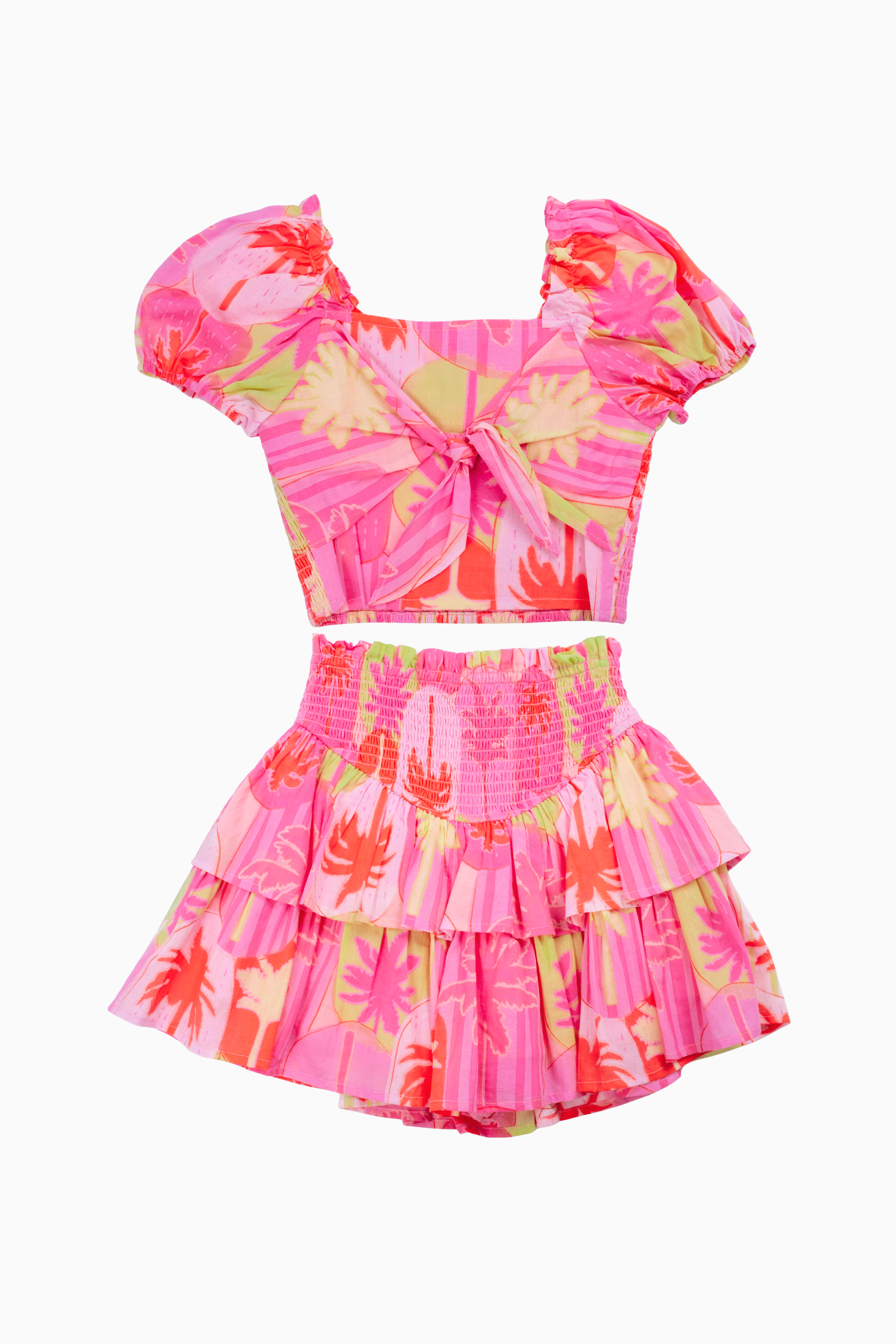 The Cara Tie Tween Top - Pink Tropical Puff Sleeves Ruched
