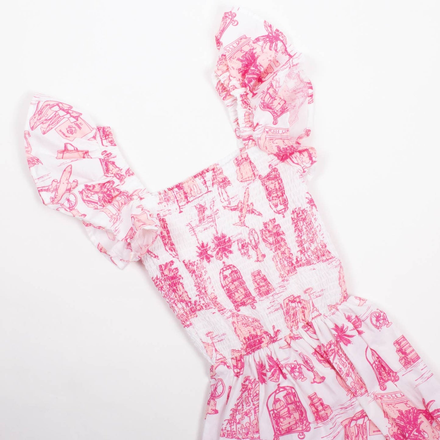 PINK TOILE SMOCKED FLUTTER SLEVE DRESS