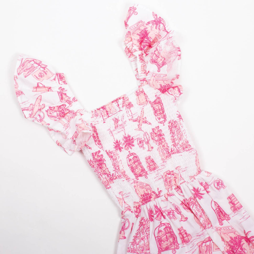 PINK TOILE SMOCKED FLUTTER SLEVE DRESS