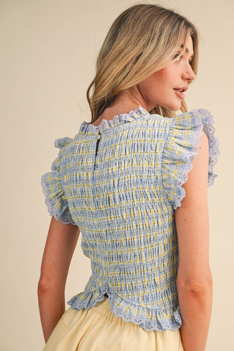 *Pink Plaid Smocked Lace Trim Top