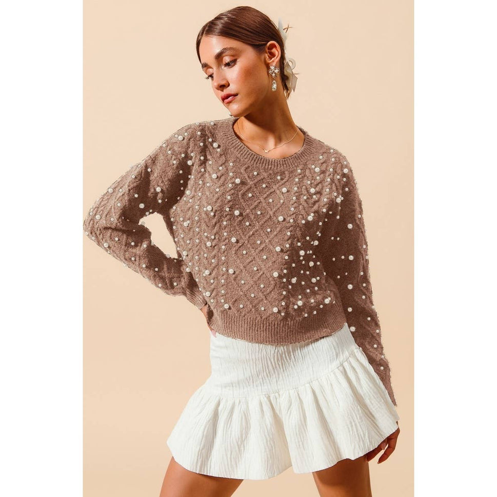 PEARL EMBELLISHED CABLE KNIT ROUND NECK SWEATER