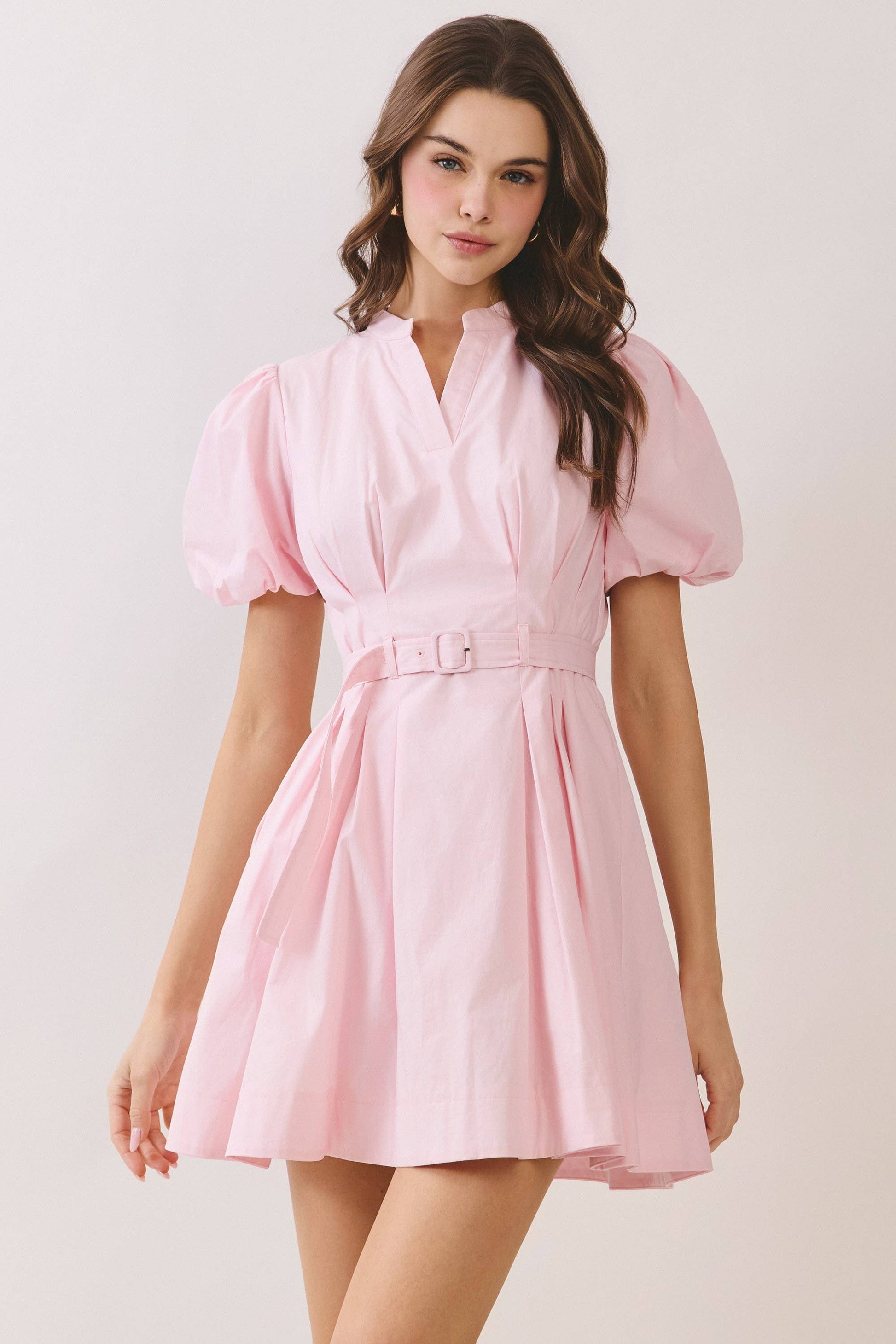 CD06955-Matching Belted Puff Sleeve Mini Dress