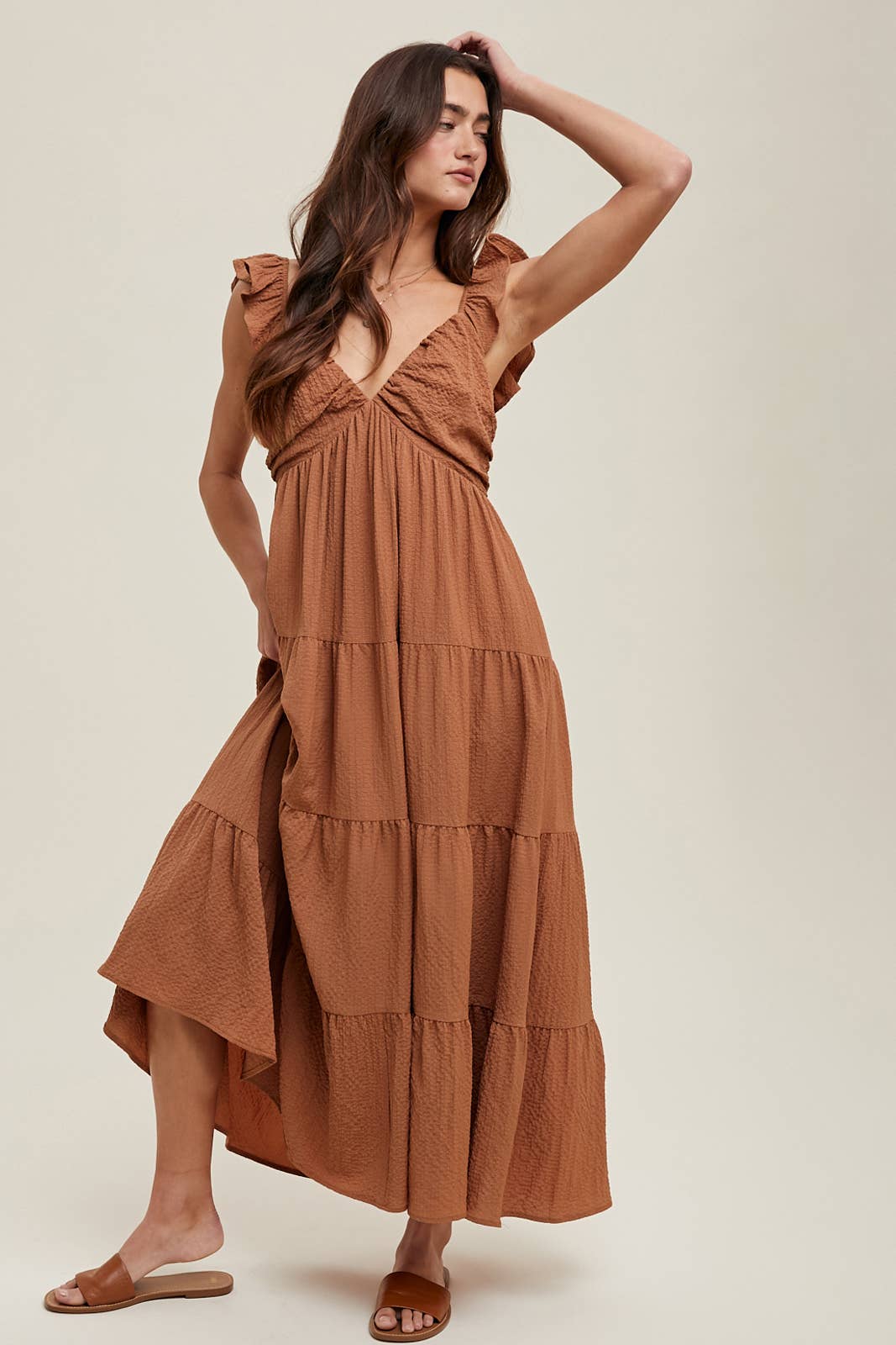 TEXTURED TIERED MIDI DRESS