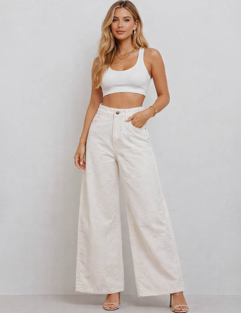 Ladies Floral Jacquard Button Pocket Wide Leg Denim Pants
