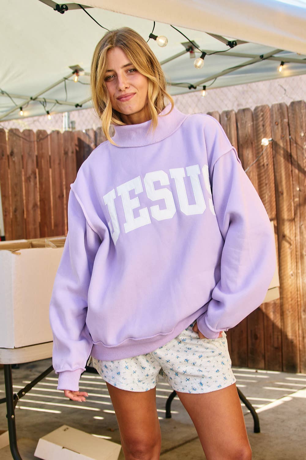 Jesus Embroidered Mock Neck Sweatshirt : LAVENDER