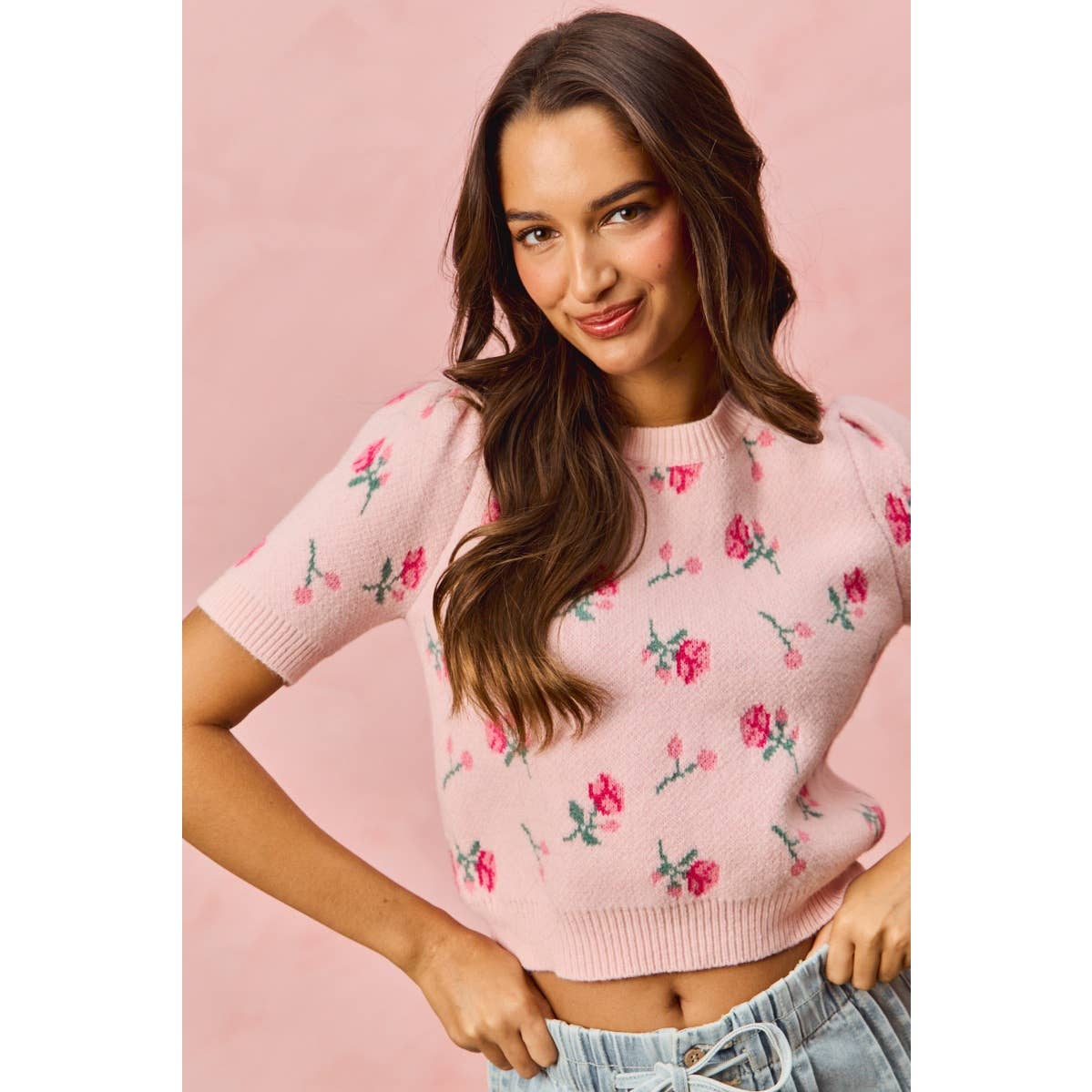 FLORAL PATTERN KNIT PUFF SLEEVES SWEATER TOP