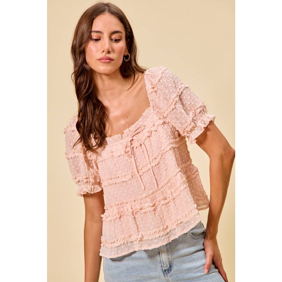 TEXTURED CLIP DOT RUFFLE SHORT SLEEVES BLOUSE TOP