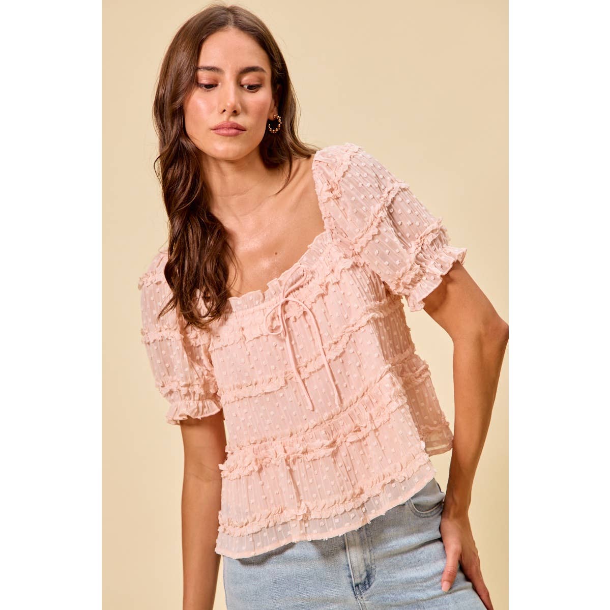 TEXTURED CLIP DOT RUFFLE SHORT SLEEVES BLOUSE TOP