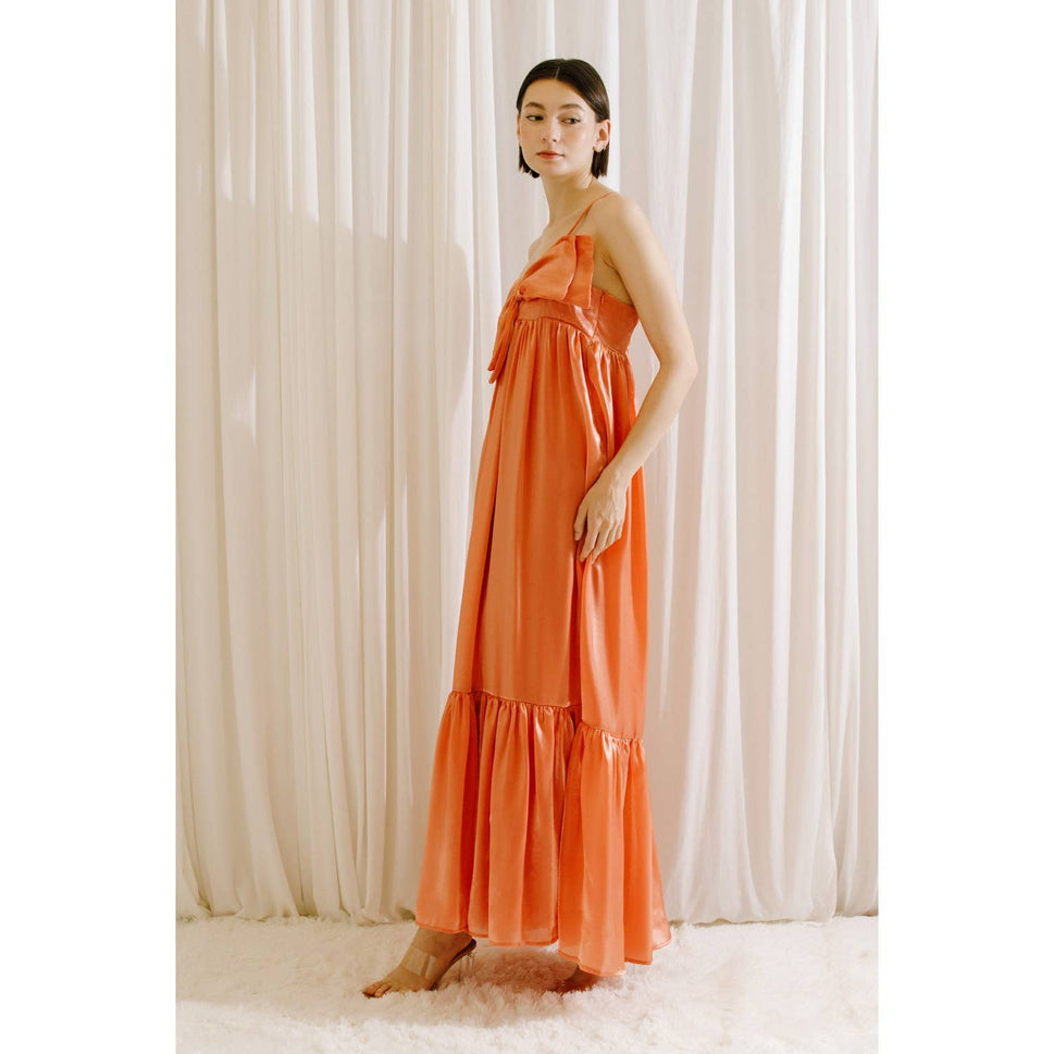 SATIN METALLIC SHEEN MAXI BOW DRESS