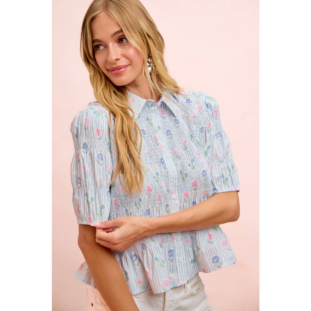 STRIPES AND FLORAL SHORT SLEEVE SHIRRED BLOUSE TOP