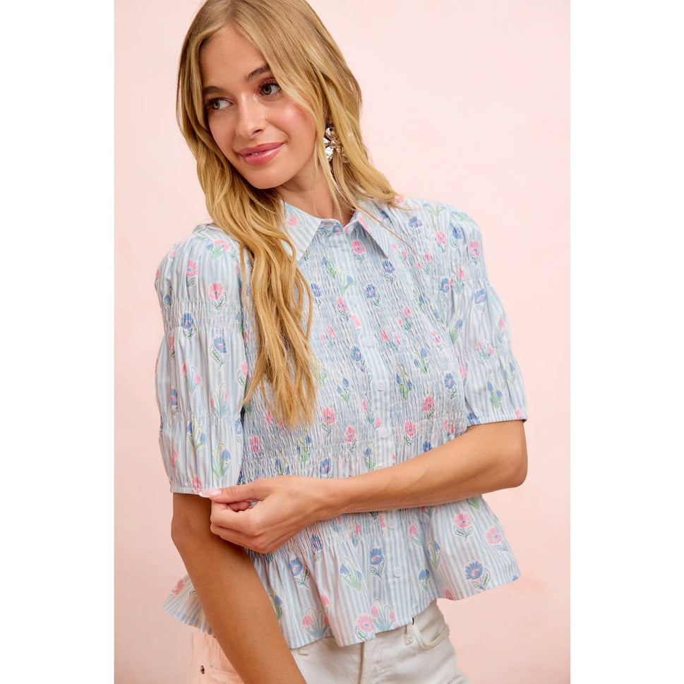 STRIPES AND FLORAL SHORT SLEEVE SHIRRED BLOUSE TOP