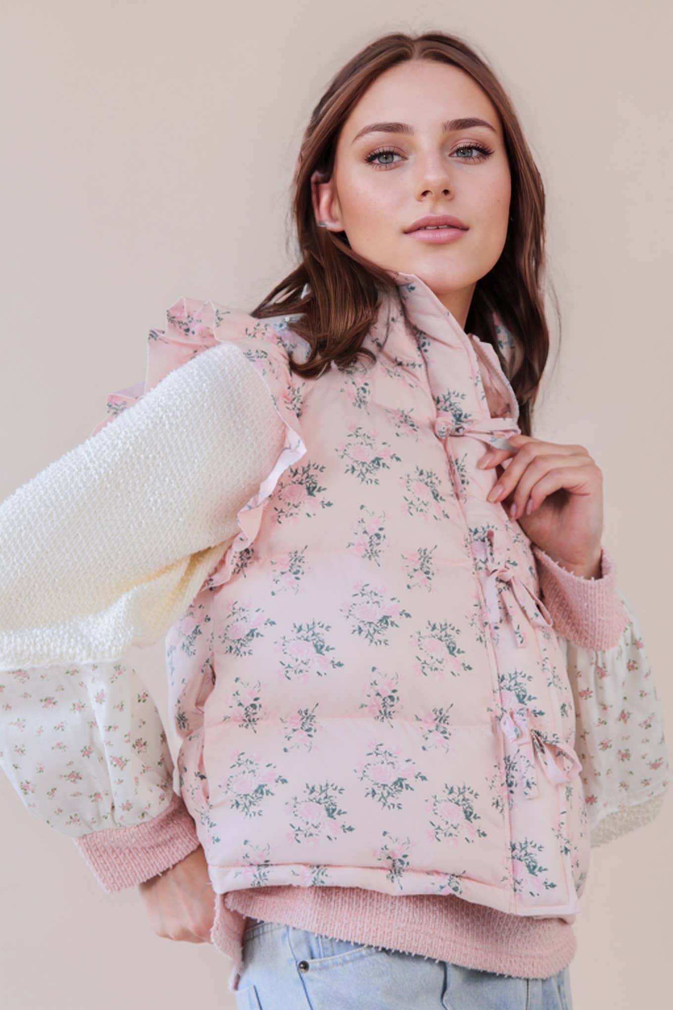FRONT ROW RUFFLE SLEEVE PUFFER VEST