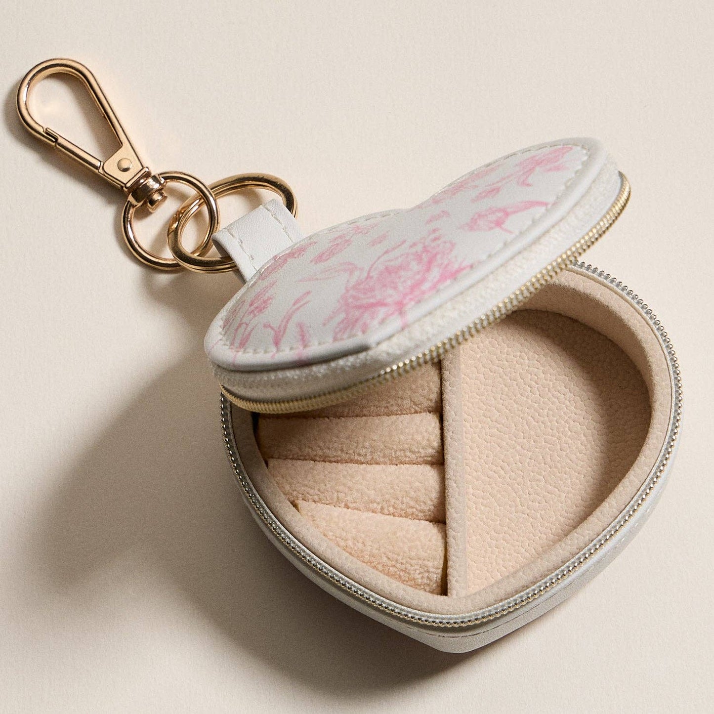 Heart-Shaped Jewelry Travel Case with Keychain – White & Pink Floral Print: IV / ONE