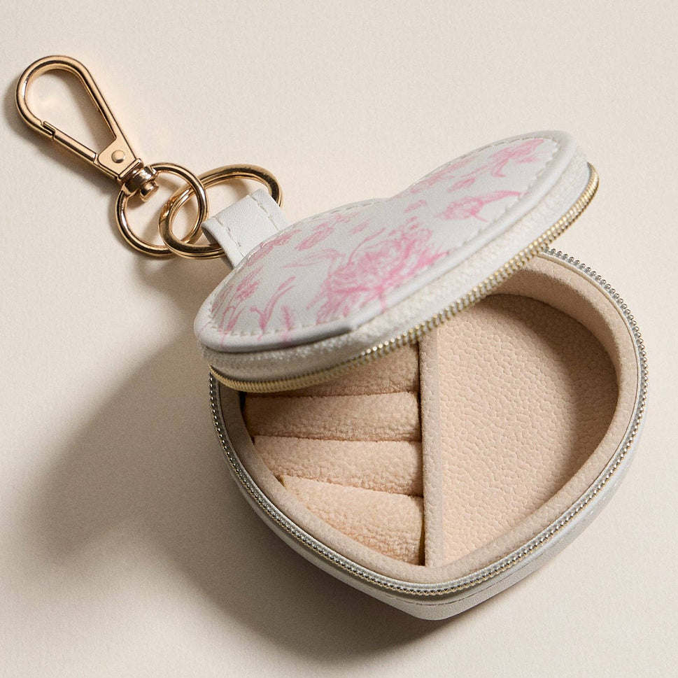 Heart-Shaped Jewelry Travel Case with Keychain – White & Pink Floral Print: IV / ONE