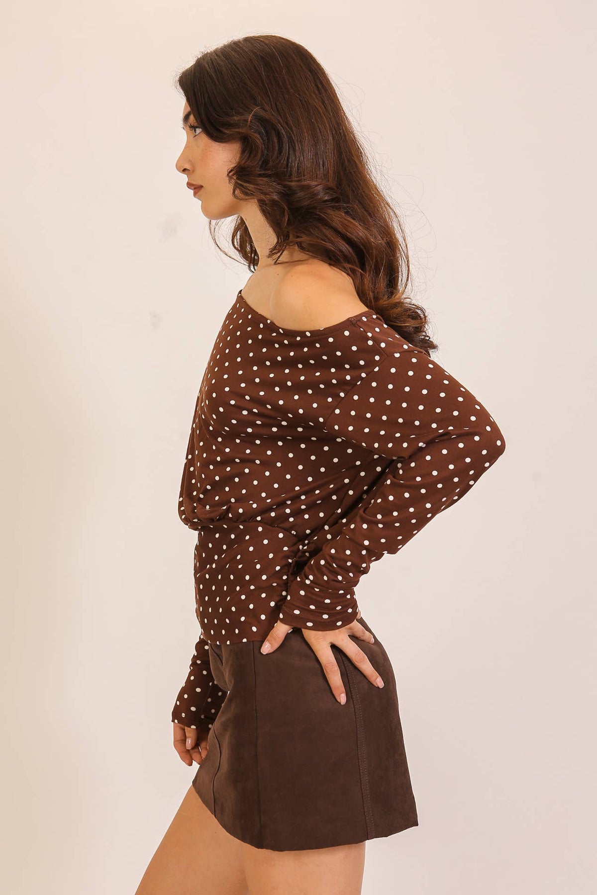 Polka Dot One-Shoulder Ruched Top