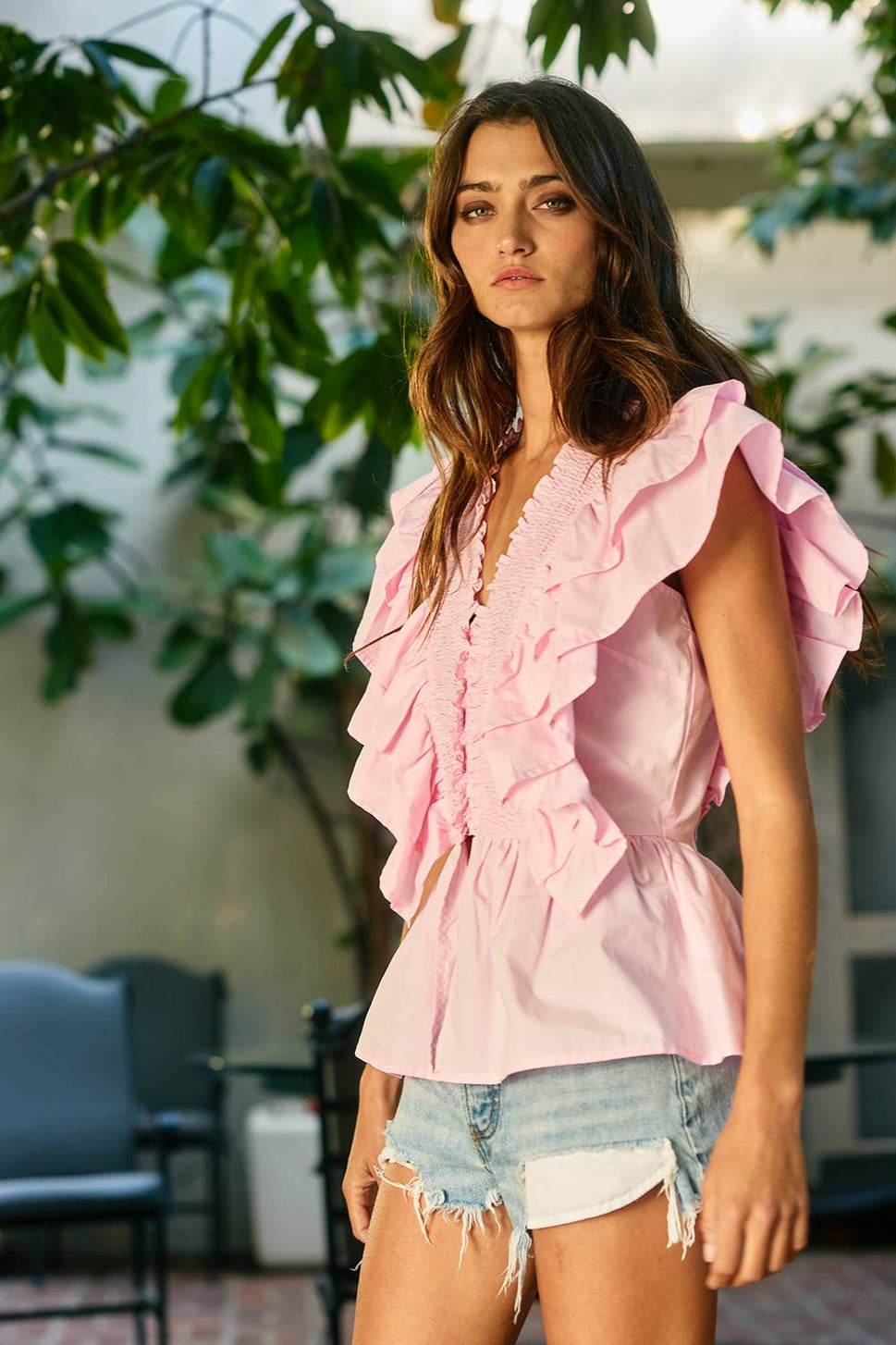 * Ruffle Smocked Peplum Blouse: Baby Blue