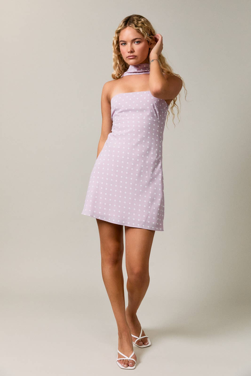 *Polka Dot Mini Dress With Attached Scarf