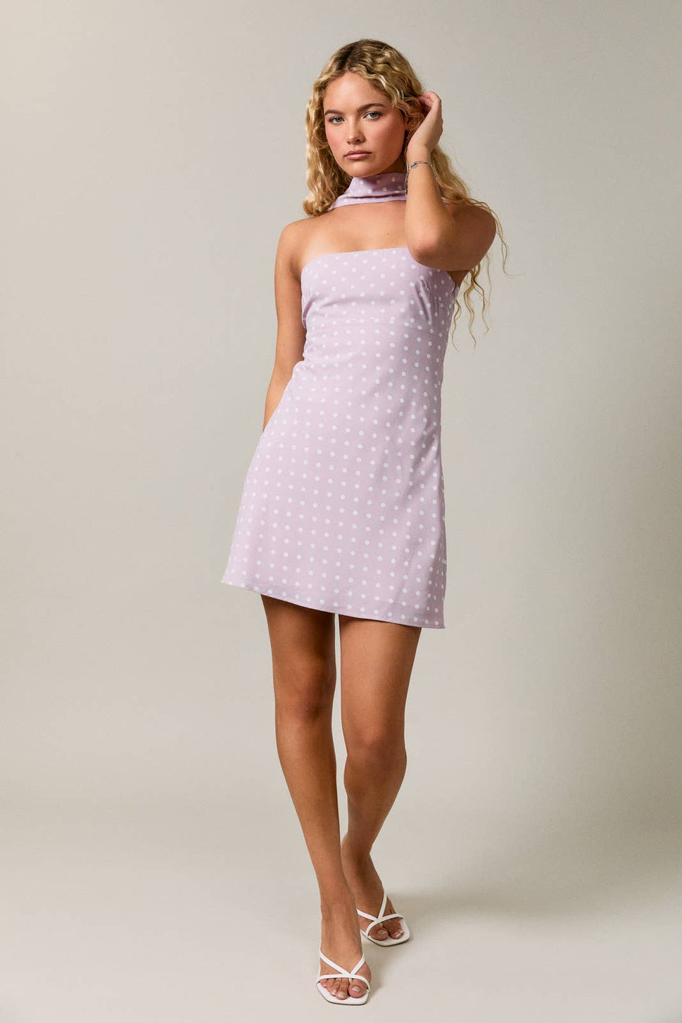 *Polka Dot Mini Dress With Attached Scarf