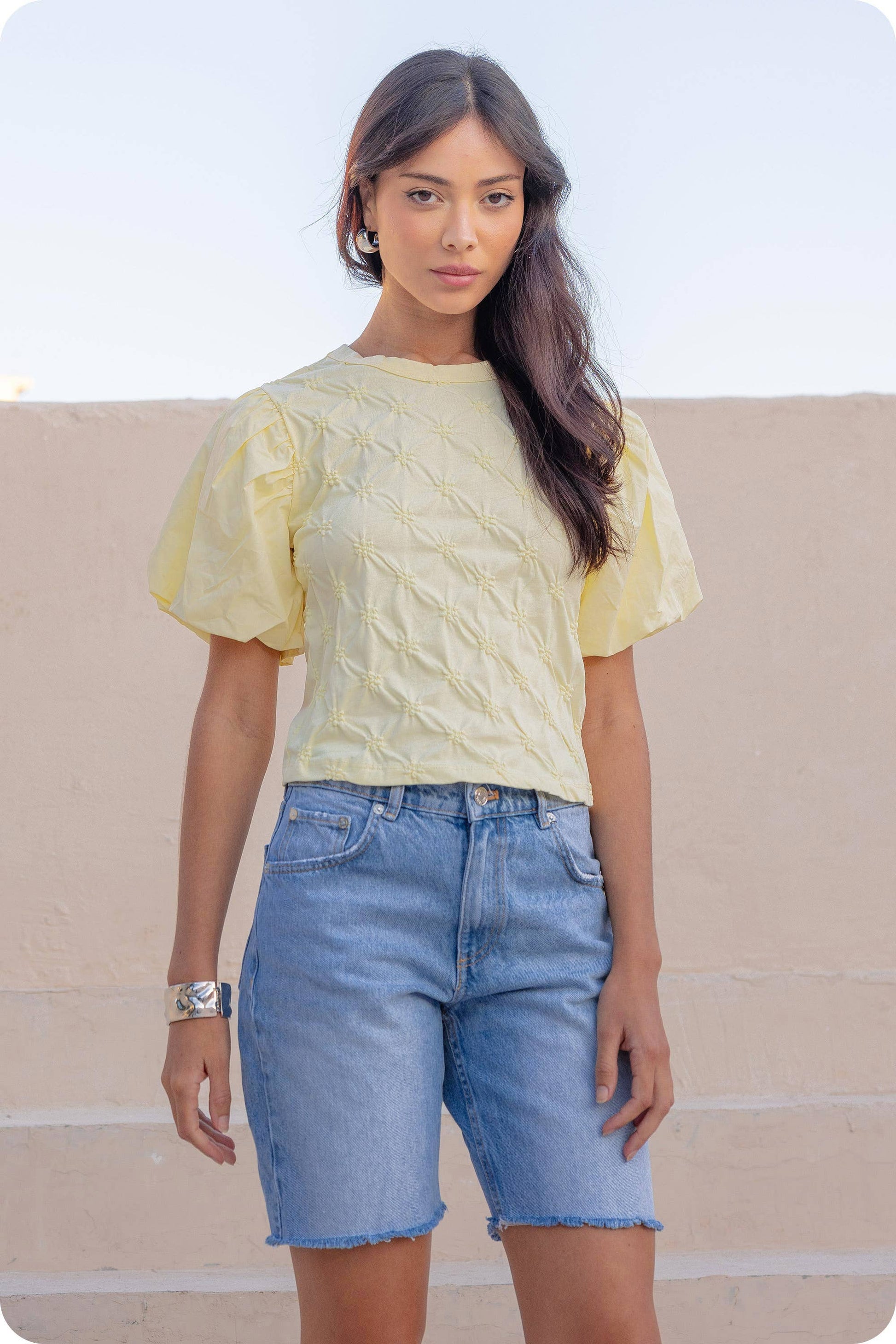 Flower Embossed Puff Sleeve Tee Top