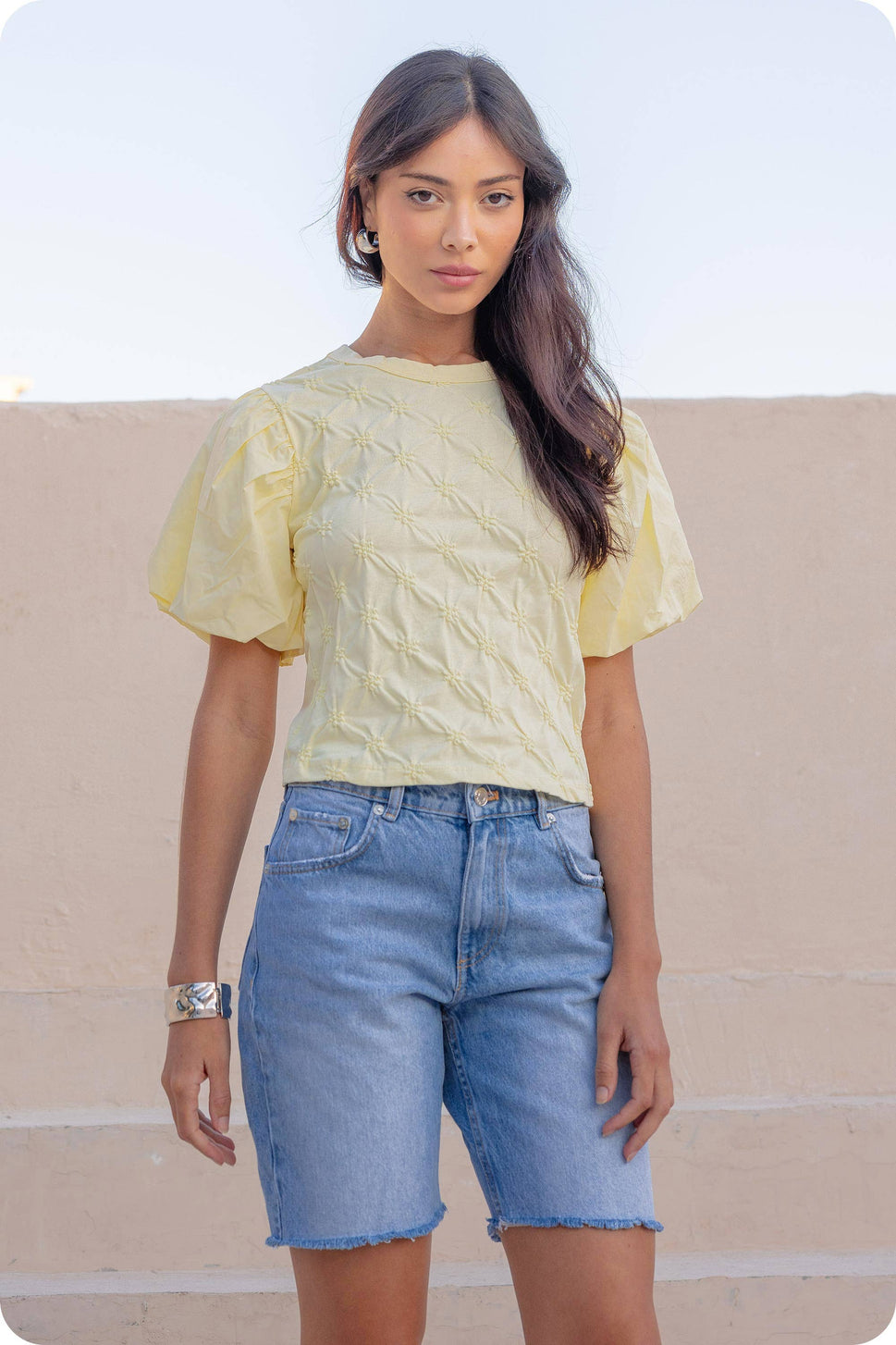 Flower Embossed Puff Sleeve Tee Top