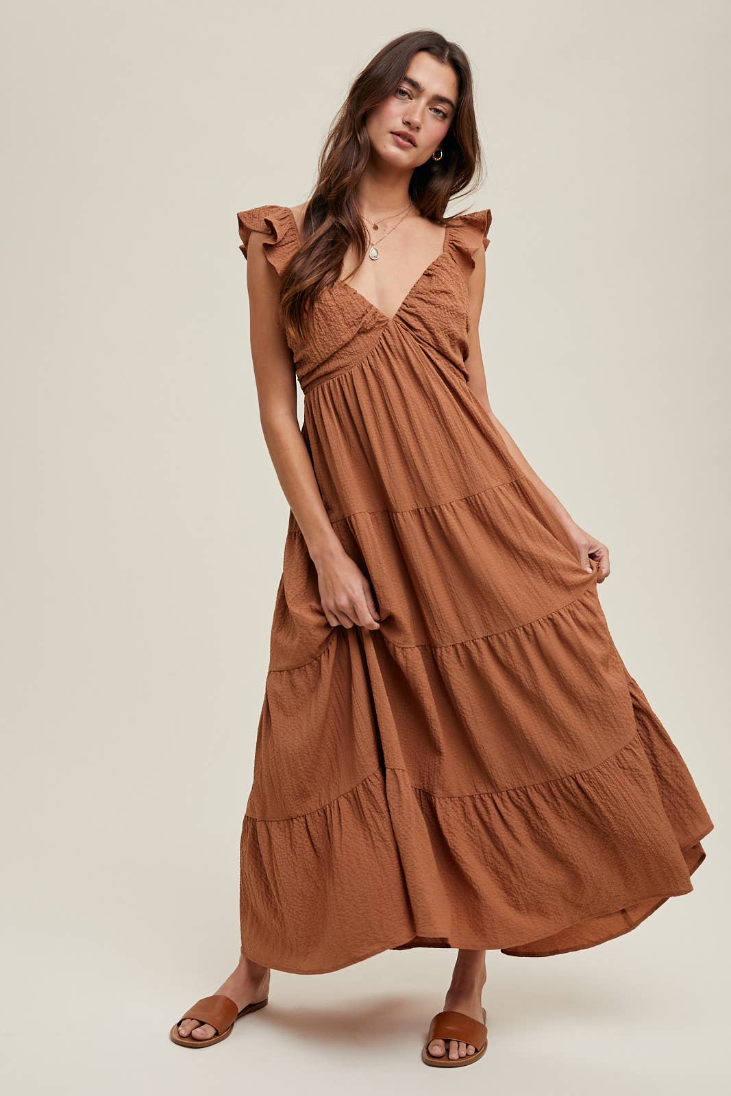 TEXTURED TIERED MIDI DRESS