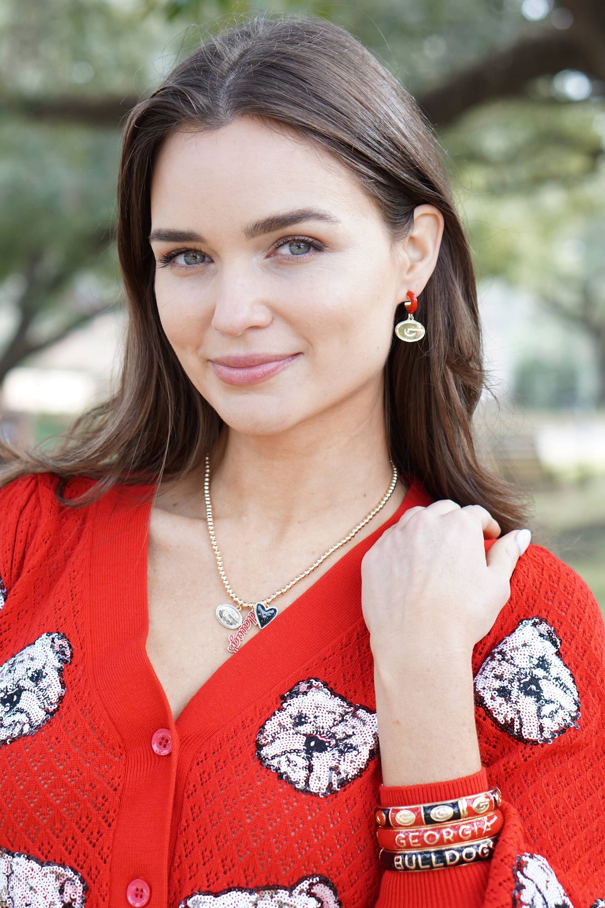 Georgia Bulldogs Ball Bead Charm Necklace in Shiny Gold