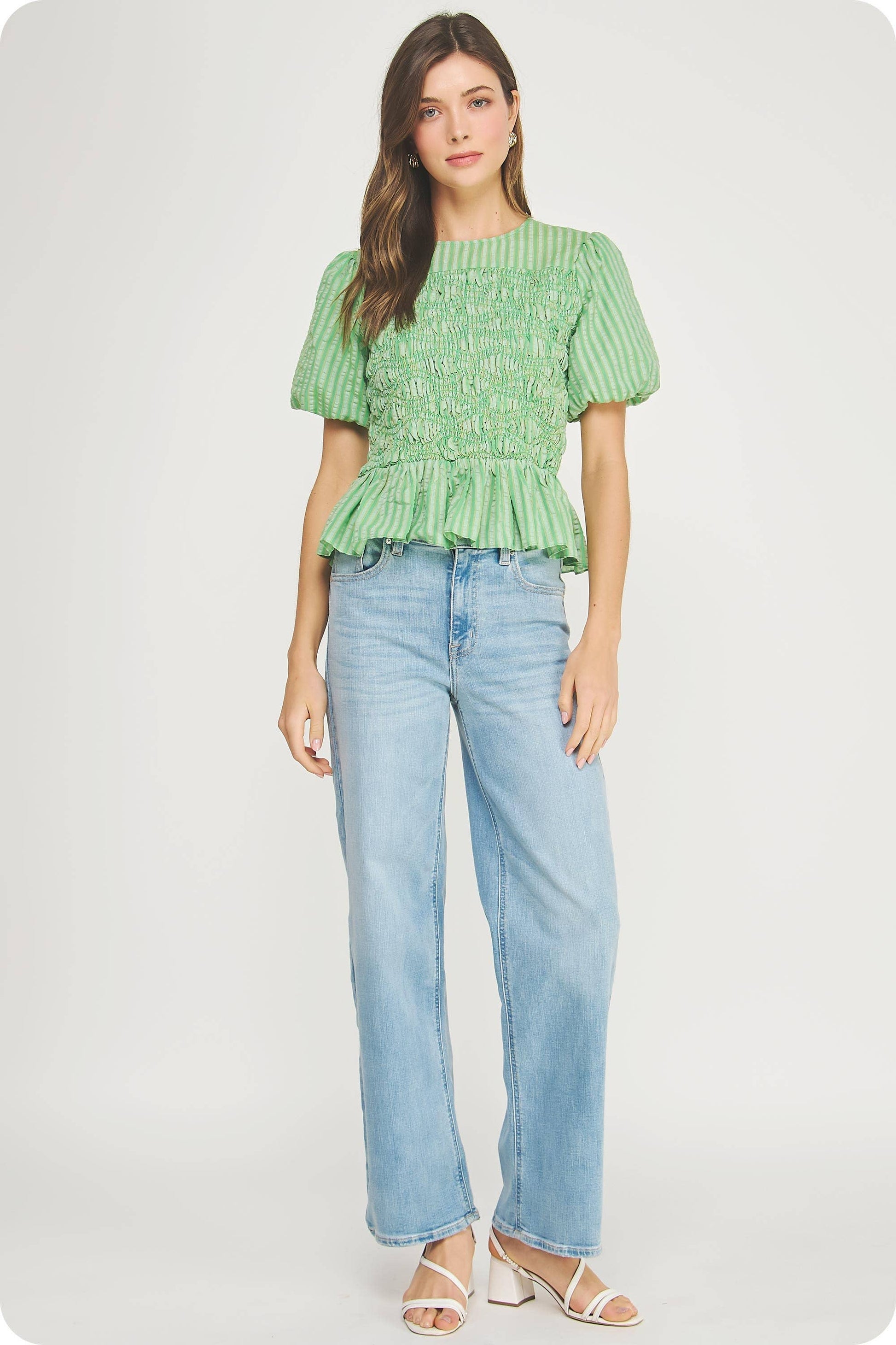 Wavy Smocking Detail Short Puff Sleeve Top