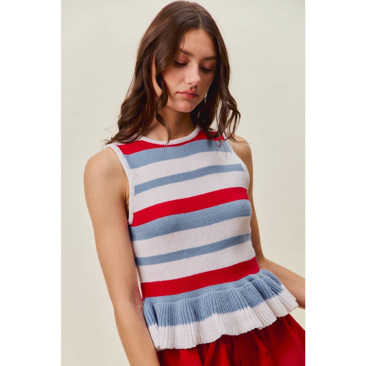 4TH OF JULY STRIPE RUFFLE BOTTOM SWEATER KNIT TOP