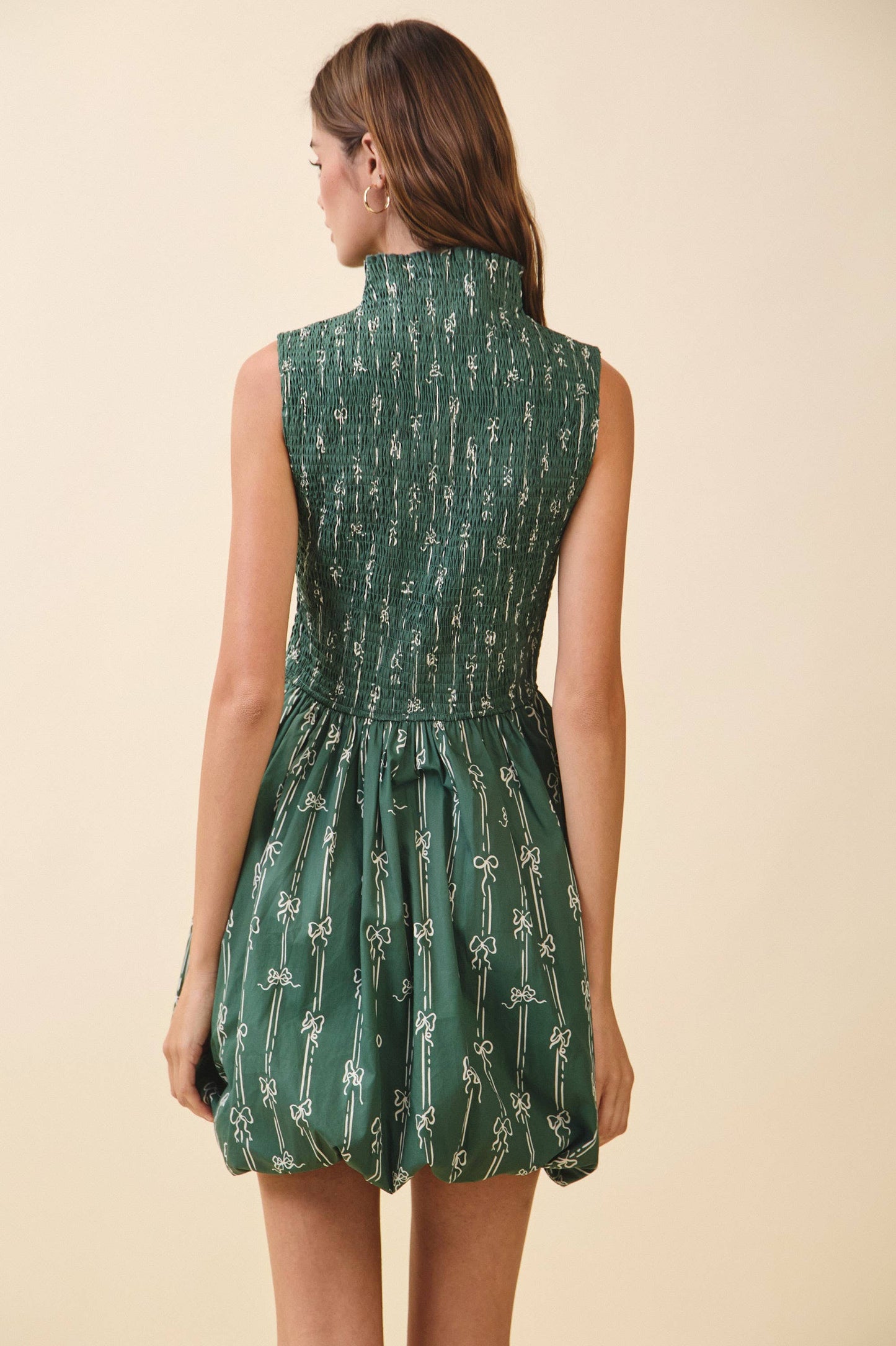 BOW PRINT SHIRRED BODICE BUBBLE HEM MINI DRESS