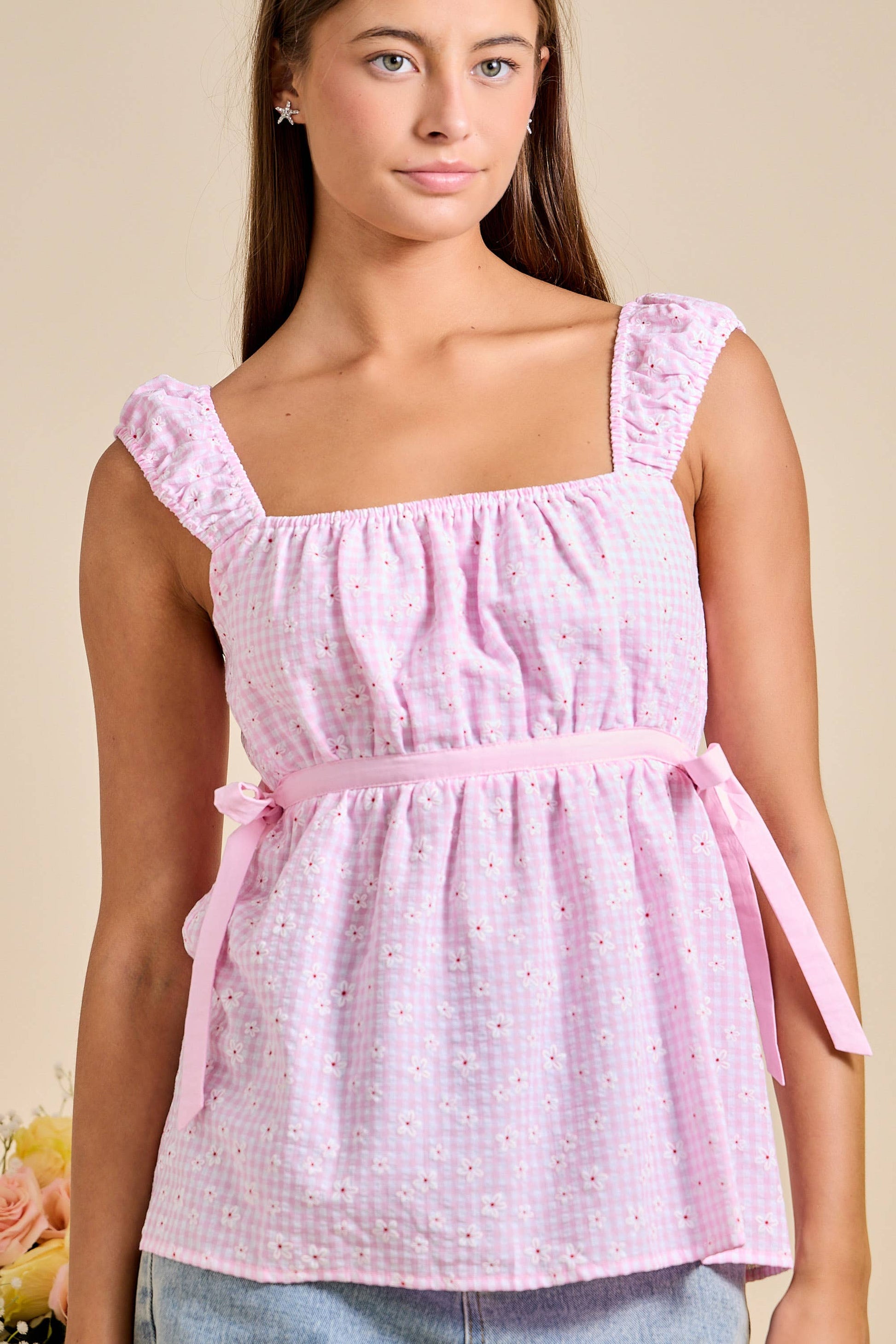 Smocked Ruffle Strap Peplum Top - Gingham Daisy