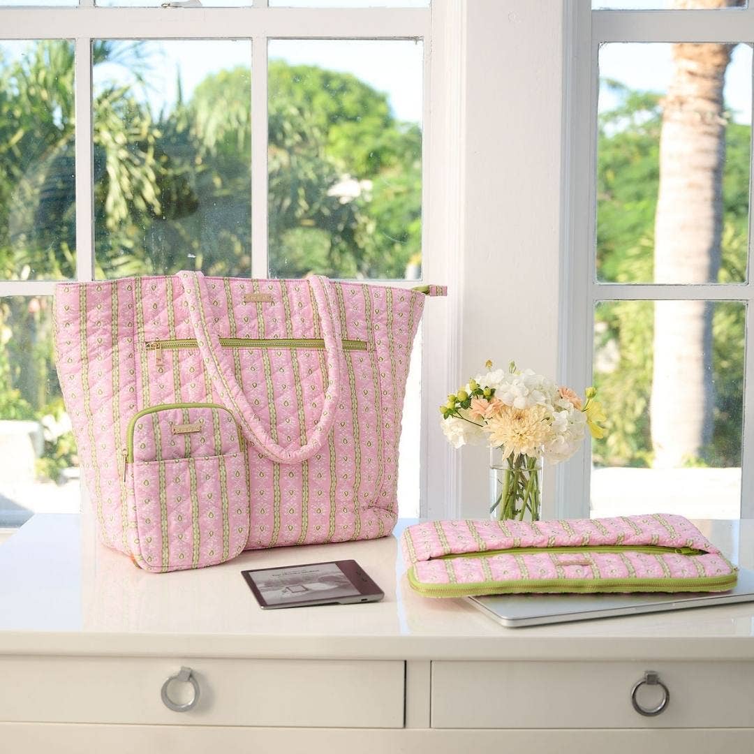 Rosemary Stripe Pink Quilted Laptop Case: One Size