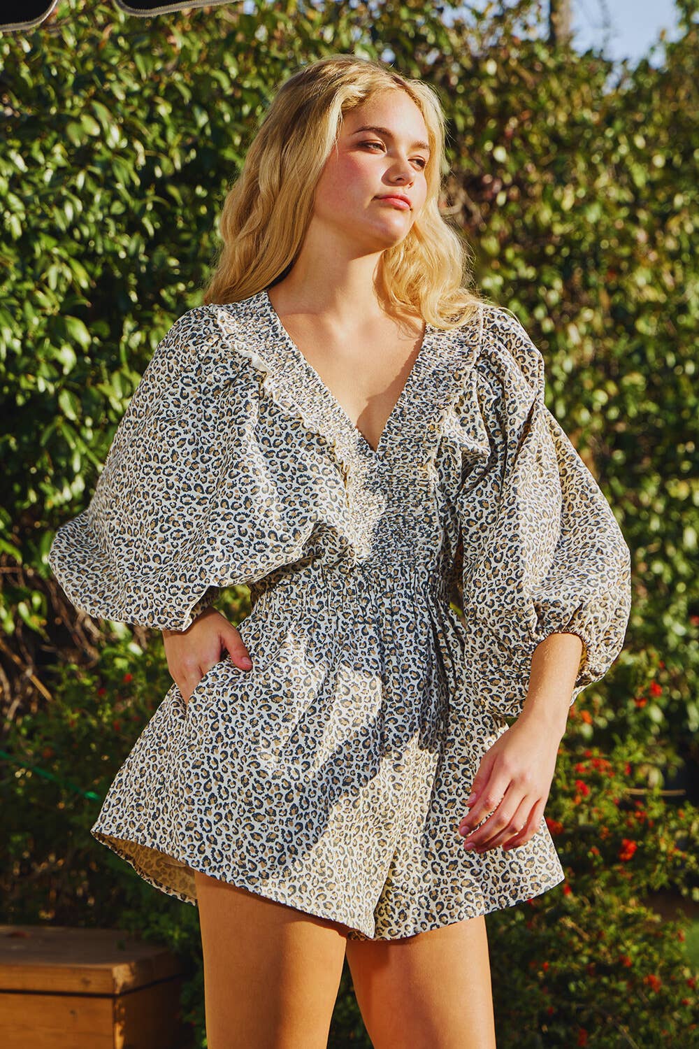 SMOCKED V-NECK RUFFLED LEOPARD PRINT ROMPER